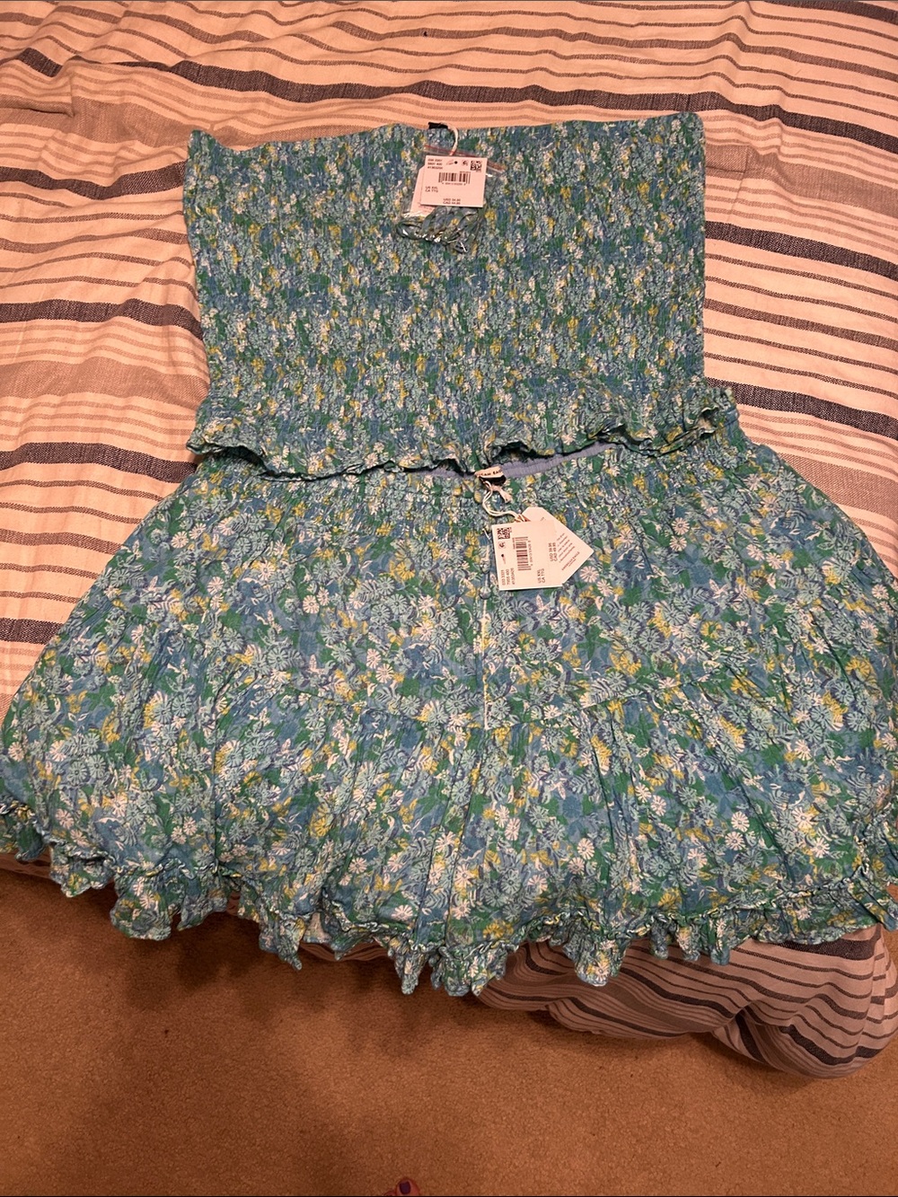 American Eagle Outfitters Blue Floral Smocked Skort and Strapless Top Set